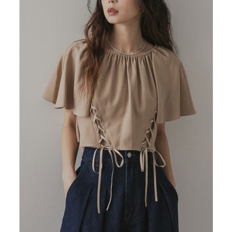 ベージュ | フレア袖レースアップトップス【セットアップ可】 韓国 夢展望 | 夢展望