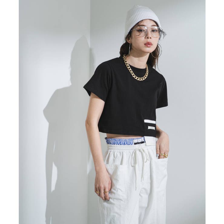 ブラック | クロップドバイカラーポケットTシャツ 韓国 夢展望 | 夢展望