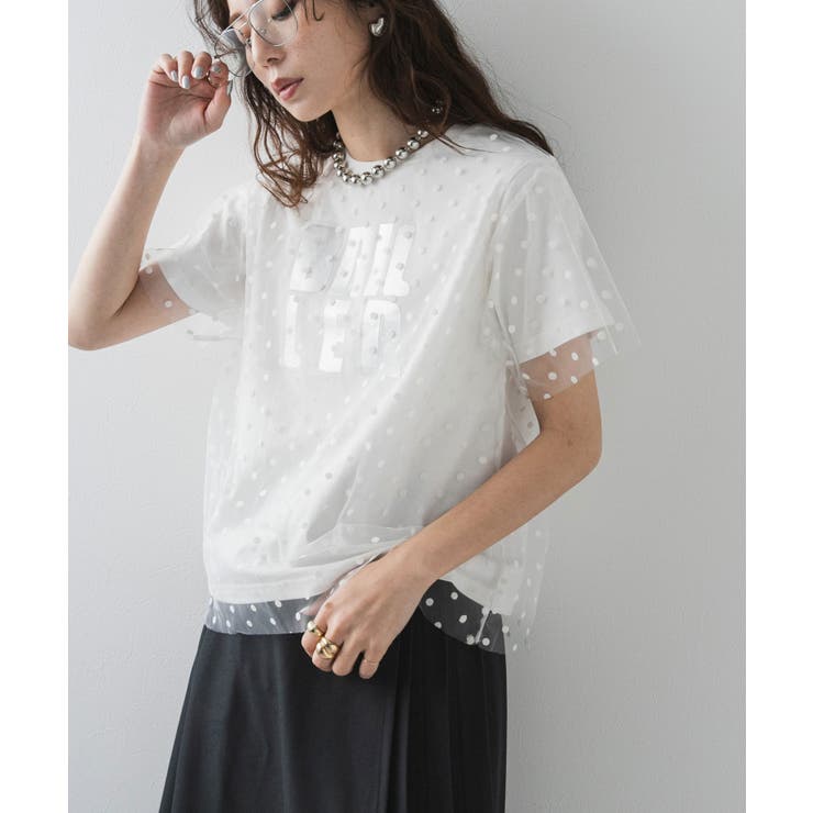 ホワイト | チュールレイヤード箔プリントTシャツ 韓国 夢展望 | 夢展望