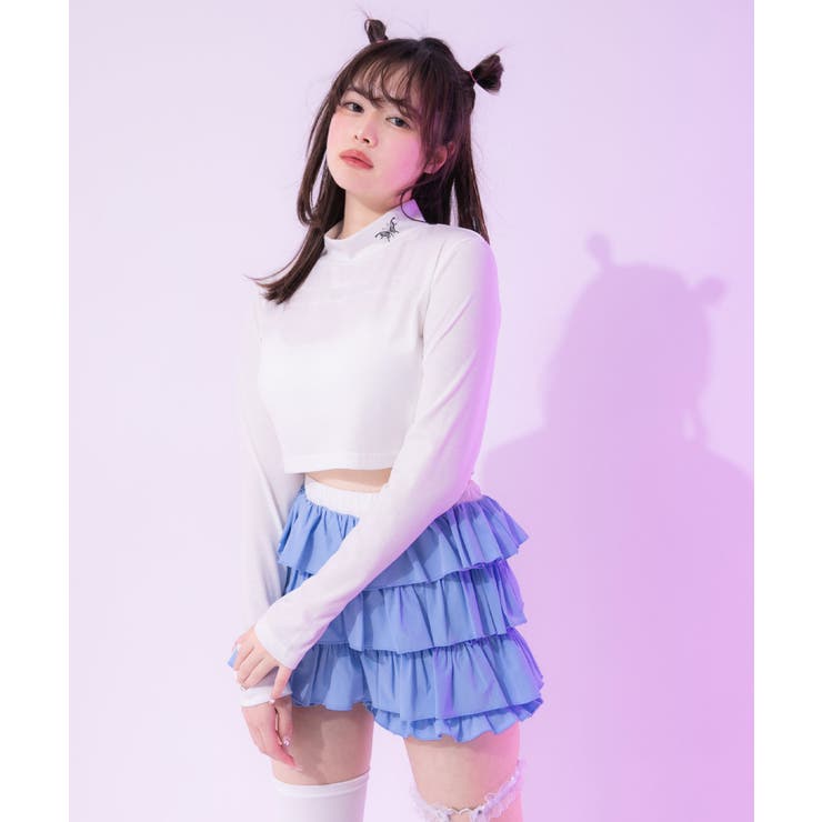 【蝶々】ホワイト | 選べるタイプハイネッククロップド丈長袖カットソートップス 韓国 夢展望 | 夢展望