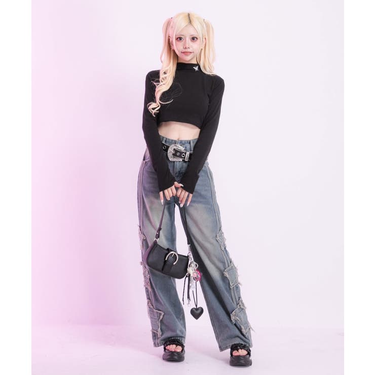 【蝶々】ブラック | 選べるタイプハイネッククロップド丈長袖カットソートップス 韓国 夢展望 | 夢展望