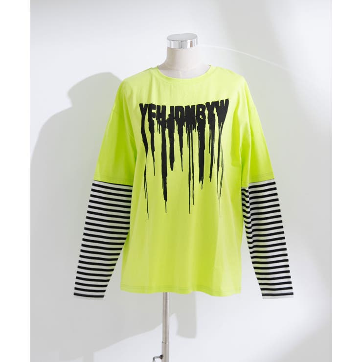 グリーンB | ロゴボーダー長袖レイヤードカットソー 韓国 夢展望 | 夢展望