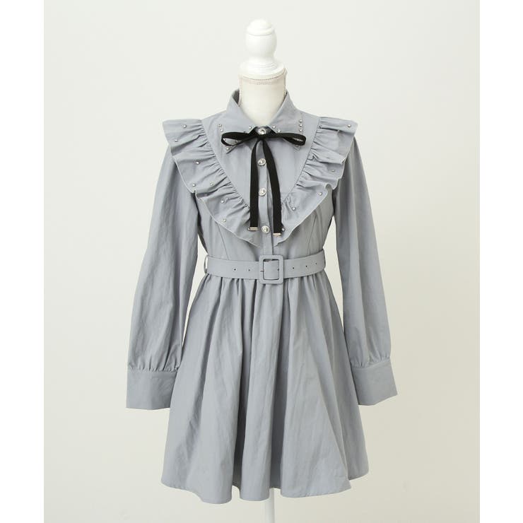 ビジュー襟フリルギャザーシャツワンピース 量産型 地雷系 夢展望[品番