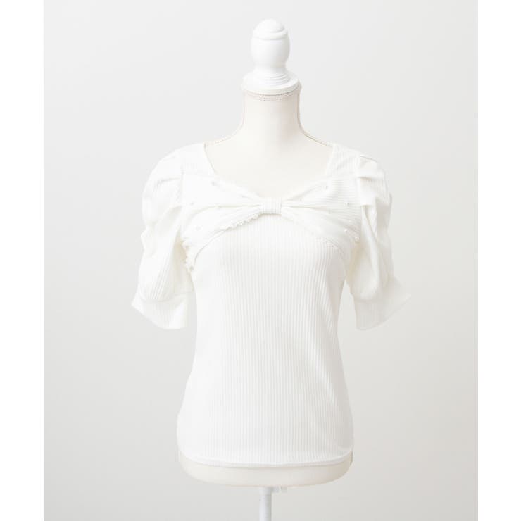 ホワイト | パールリボン リブ トップス 半袖 量産型 地雷系 夢展望 | DearMyLove