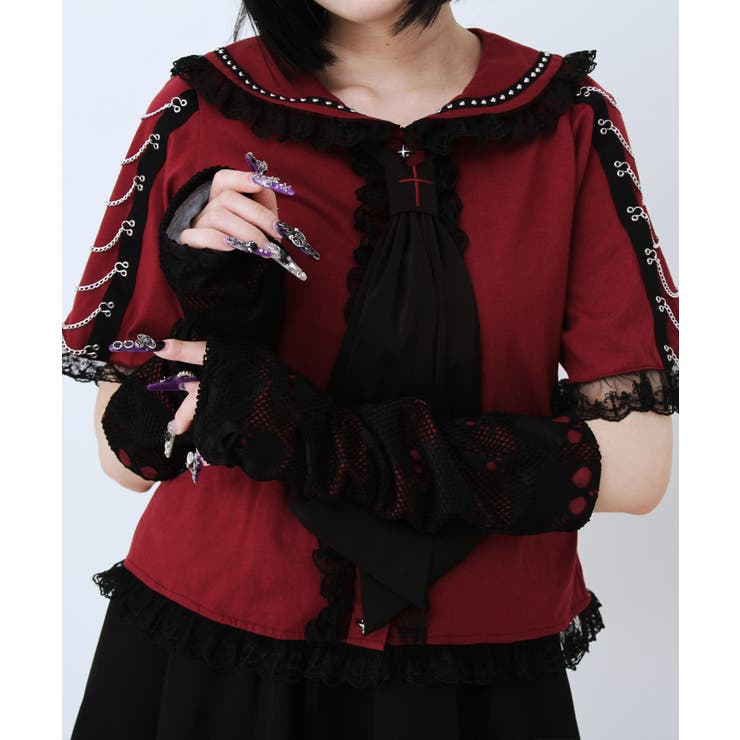 ボルドー | 闇セーラー襟十字架スカーフチェーンストライプアームカバートップス 量産型 地雷系 | DearMyLove