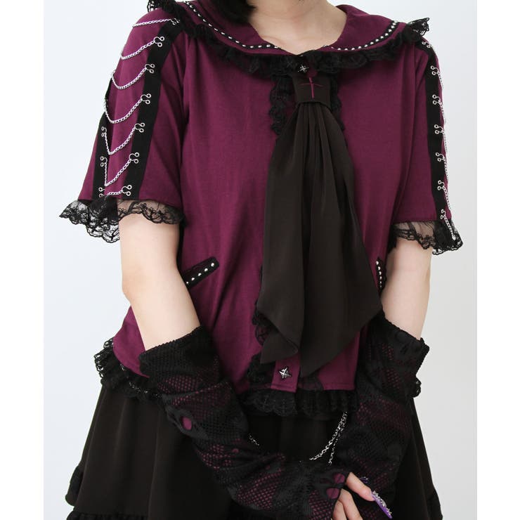 パープル | 闇セーラー襟十字架スカーフチェーンストライプアームカバートップス 量産型 地雷系 | DearMyLove