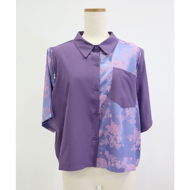 パープル | インパクト柄配色肩ジップ開き半袖シャツトップス 韓国 夢展望 | 夢展望