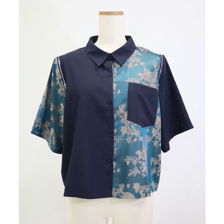 ネイビー | インパクト柄配色肩ジップ開き半袖シャツトップス 韓国 夢展望 | 夢展望