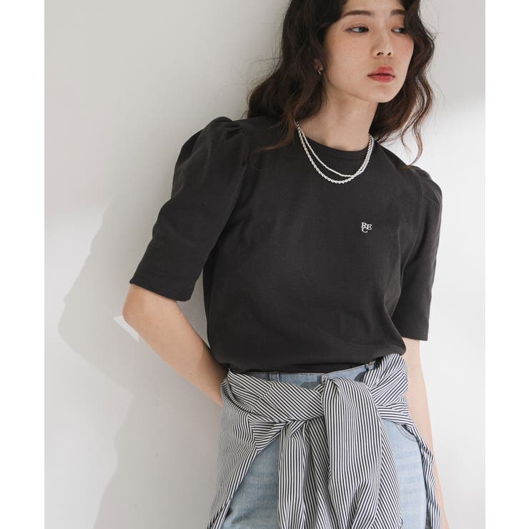 チャコール | パフスリーブロゴ刺繍Tシャツ 韓国 夢展望 | 夢展望