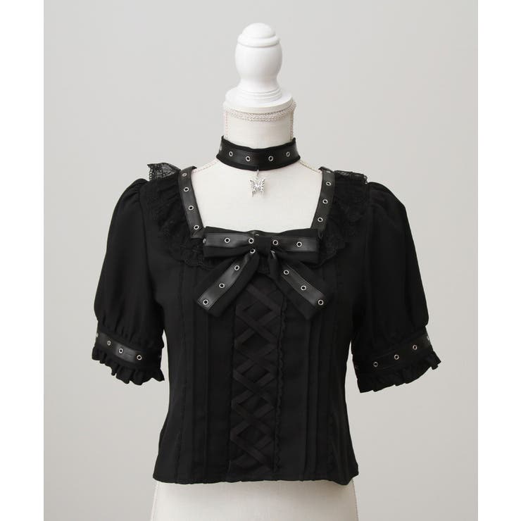 ブラック | 蝶々チャームチョーカーレースアップハトメブレードブラウス 量産型 地雷系 | DearMyLove