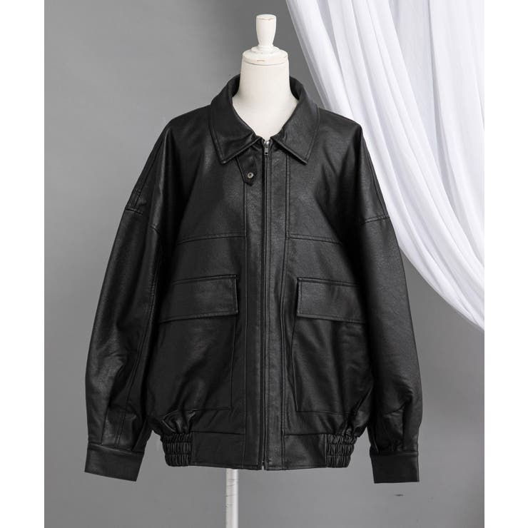 ブラック | 裾ドロストオーバーサイズ合皮ブルゾン【ジャケット】【コート】 韓国 夢展望 | 夢展望