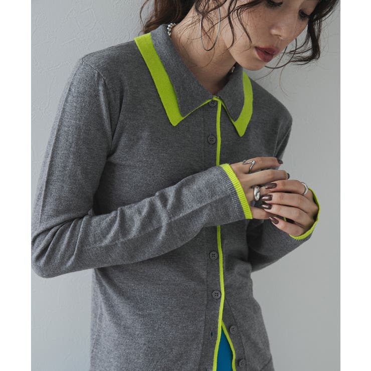 チャコールグレー | バイカラーポロニットカーディガン 韓国 夢展望 | 夢展望