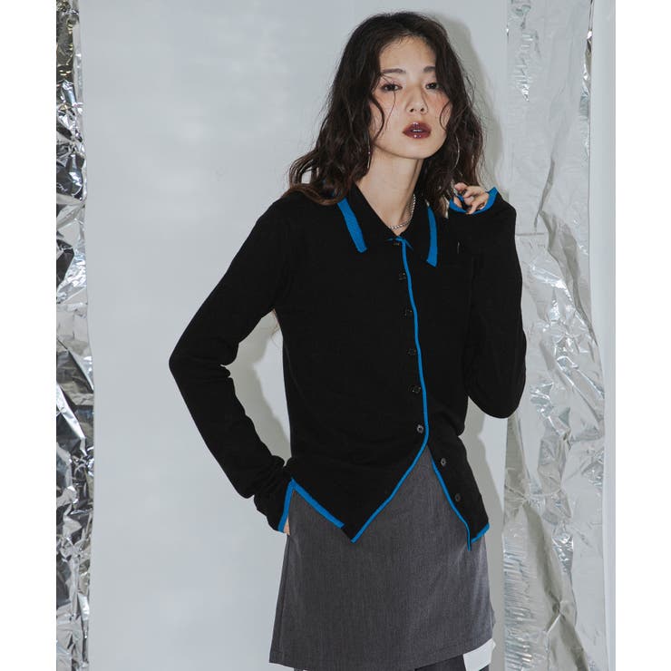 ブラック | バイカラーポロニットカーディガン 韓国 夢展望 | 夢展望