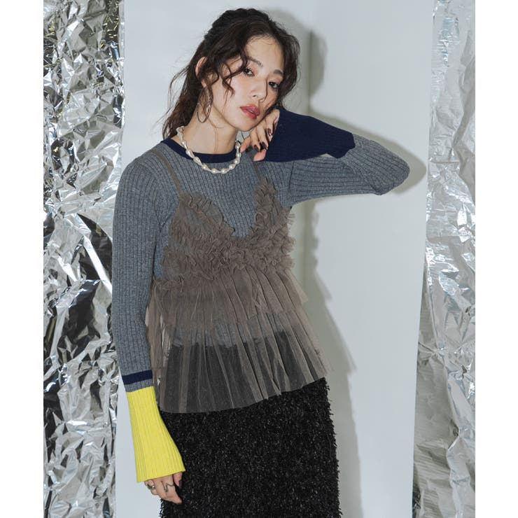 イエロー | 【26aw】フレア袖配色プルオーバーニット 韓国 夢展望 | 夢展望
