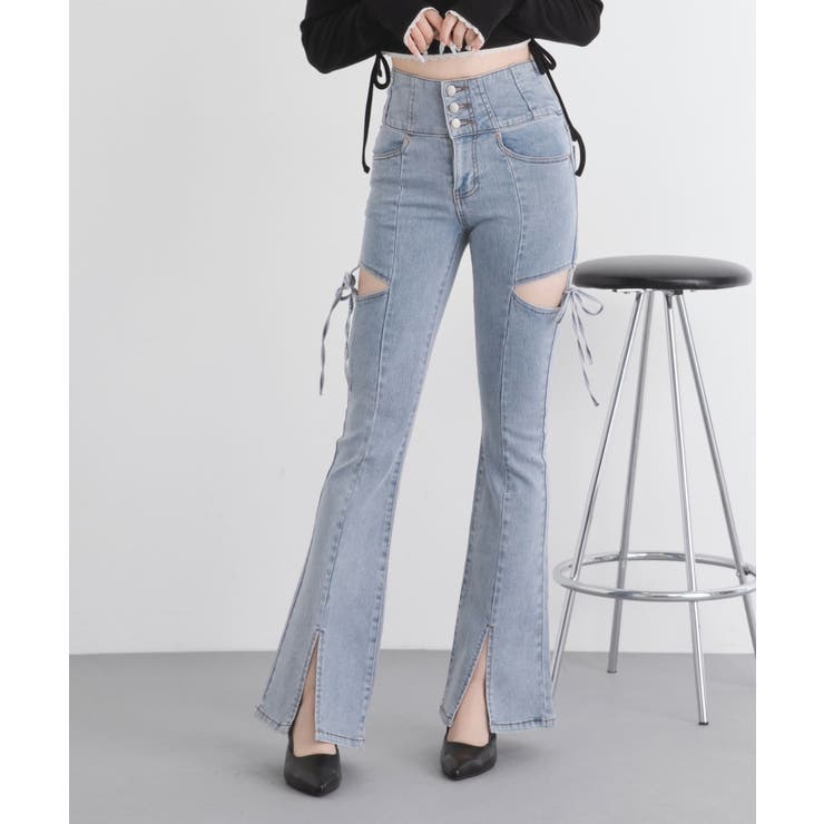 ケミカルブルー | スリット入りカットアウトリボンフレアデニムパンツ 量産型 地雷系 夢展望 | DearMyLove