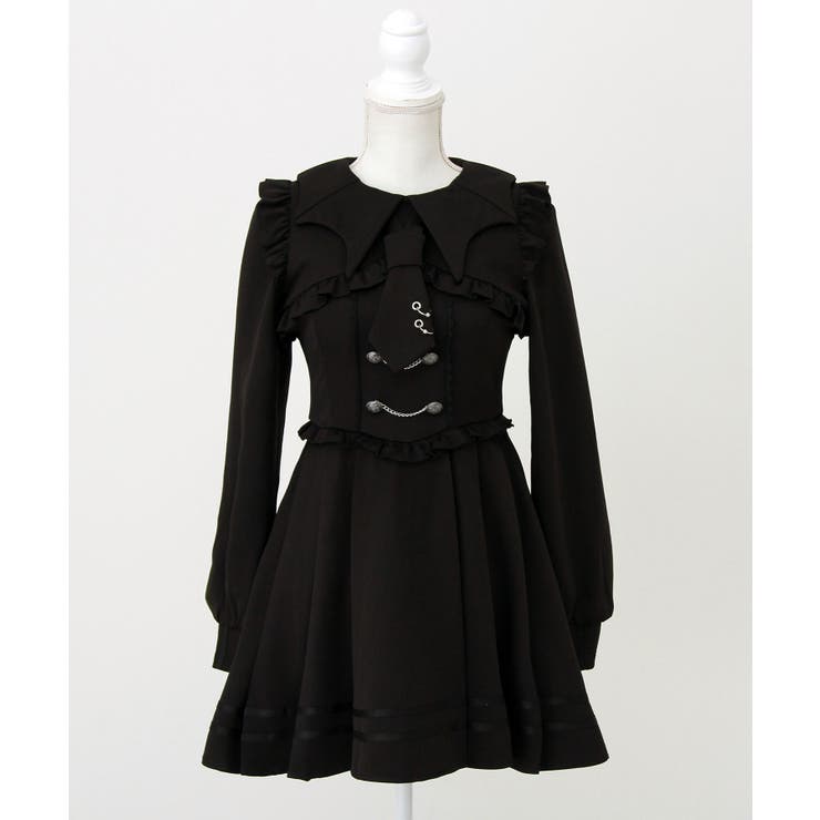 ブラック | コウモリ襟チェーンボタンフリルプリーツワンピース 量産型 地雷系 夢展望 | DearMyLove