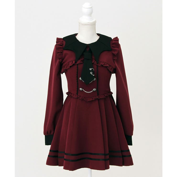 ボルドー | コウモリ襟チェーンボタンフリルプリーツワンピース 量産型 地雷系 夢展望 | DearMyLove