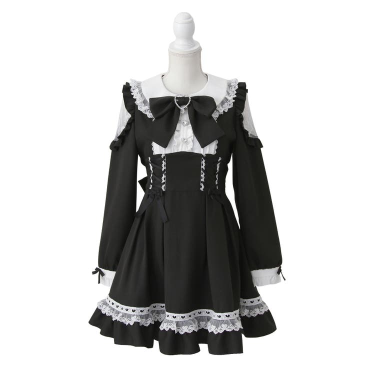 ブラック | ハートレースウエストレースアップフリルワンピース 量産型 地雷系 夢展望 | DearMyLove