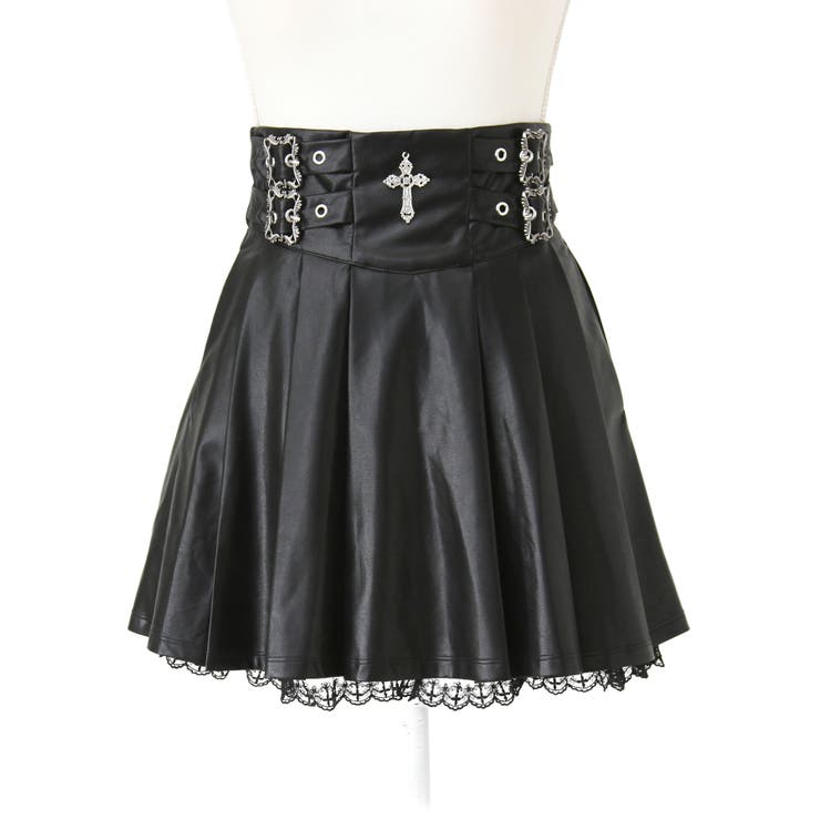 ブラック | 十字架レザーベルトプリーツスカート 量産型 地雷系 夢展望 | DearMyLove