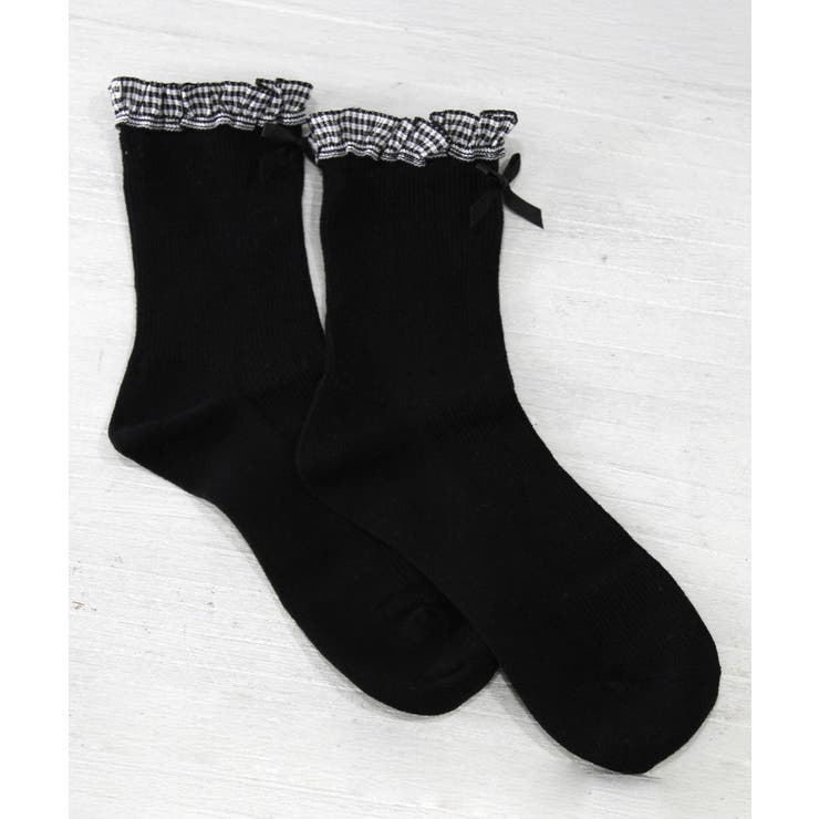 ブラック | チェックフリルリボンショートソックス 量産型 地雷系 夢展望 | DearMyLove