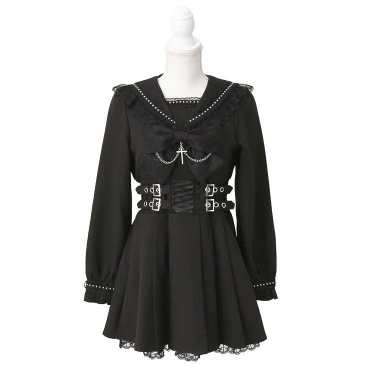 ブラック | 十字架クモレーススタッズベルトセーラーワンピース 量産型 地雷系 夢展望 | DearMyLove