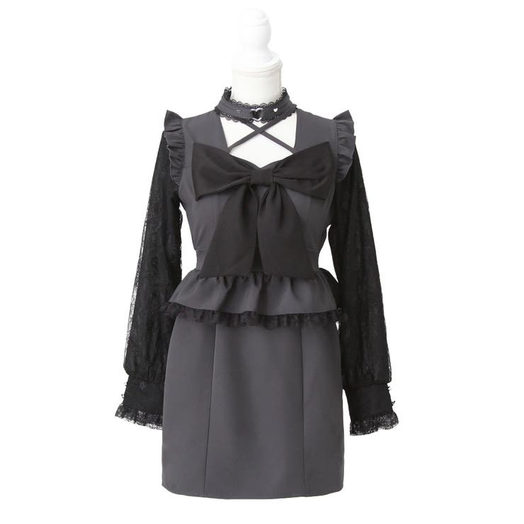 グレー | ビッグリボンハートスタッズチョーカー風レース袖フリルワンピース 量産型 地雷系 | DearMyLove