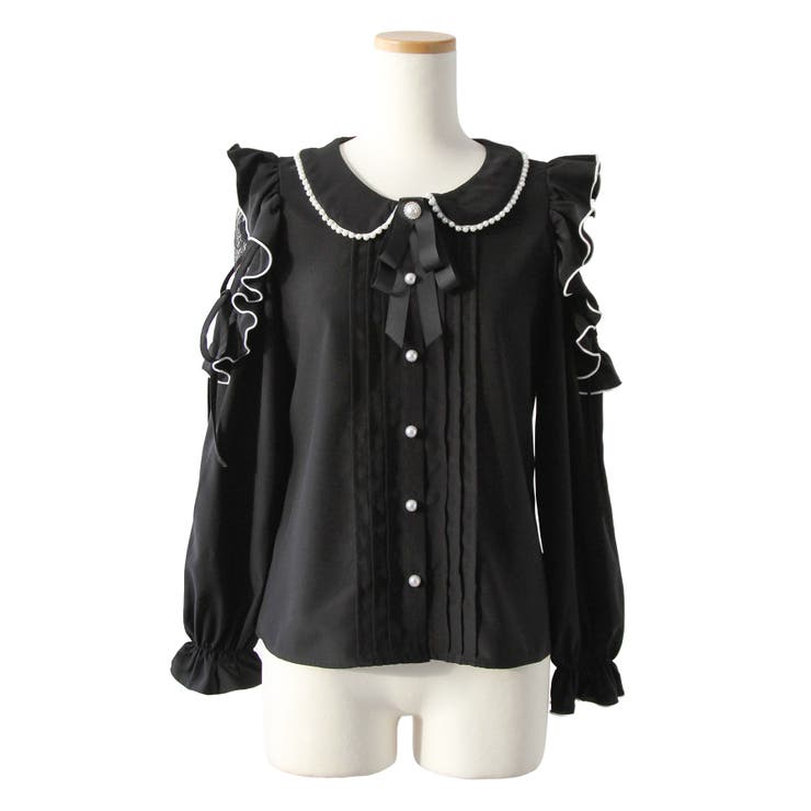 ブラック | ショルダーレースフリル丸襟ブラウス【大きいサイズあり】 量産型 地雷系 夢展望 | DearMyLove