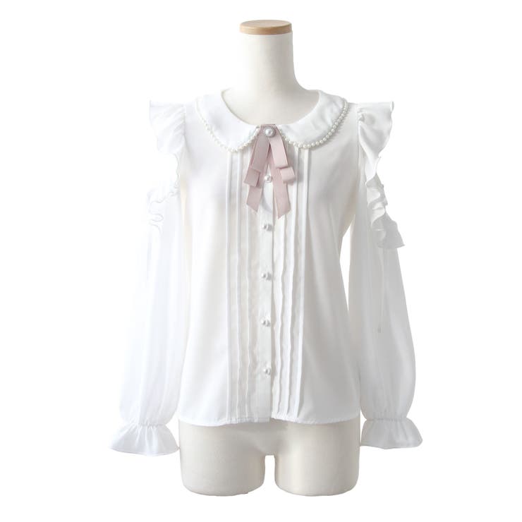 ホワイト | 【4Lー5L】ショルダーレースフリル丸襟ブラウス 韓国 夢展望 | 夢展望