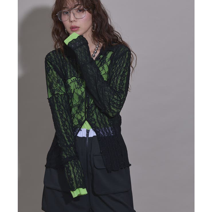 ブラック | レースパッチワーク襟つきカーディガン 韓国 夢展望 | 夢展望