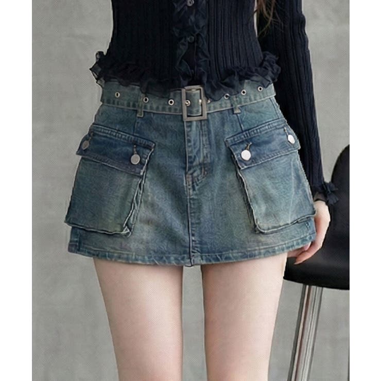 デニム | スカート見え×ショートパンツ ベルト付ハイウエストカーゴスカパン 韓国 夢展望 | 夢展望