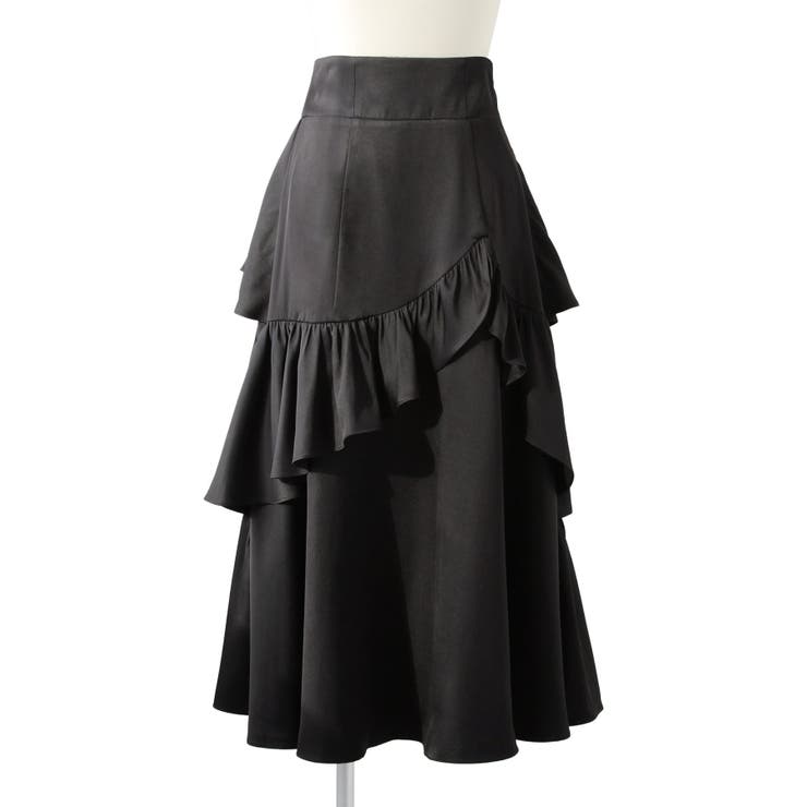 ブラック | ビッグリボン×バックティアードアシメフリルハイウエストロングフレアスカート【大き… | DearMyLove