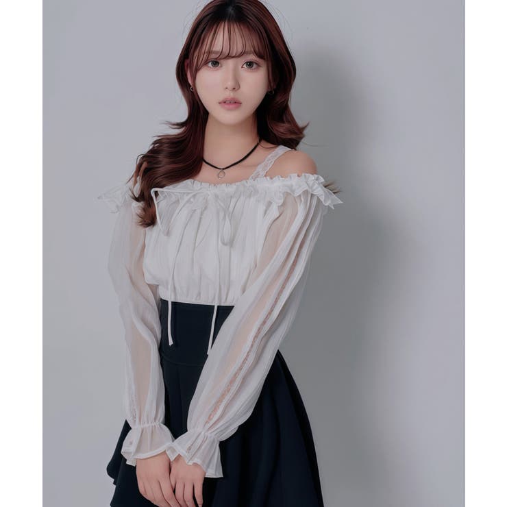 ホワイト | オフショルレースシアーブラウス シャーリングトップス 韓国 | 夢展望