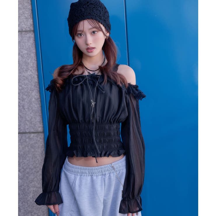 ブラック | オフショルレースシアーブラウス シャーリングトップス 韓国 | 夢展望