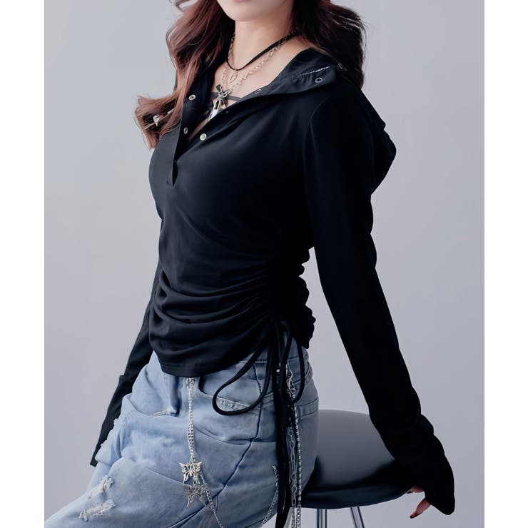 ブラック | フードヘンリーネック脇シャーリングデザイン長袖リブカットソー 韓国 夢展望 | 夢展望