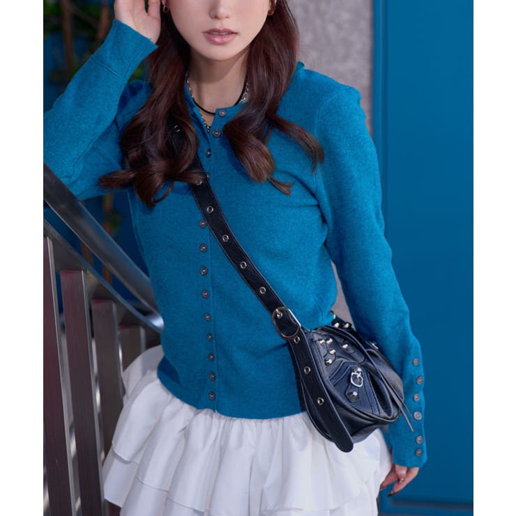 ブルー | コンパクトボタンリブニットカーディガン 韓国 夢展望 | 夢展望