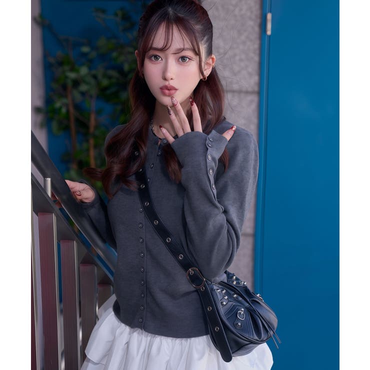 グレー | コンパクトボタンリブニットカーディガン 韓国 夢展望 | 夢展望