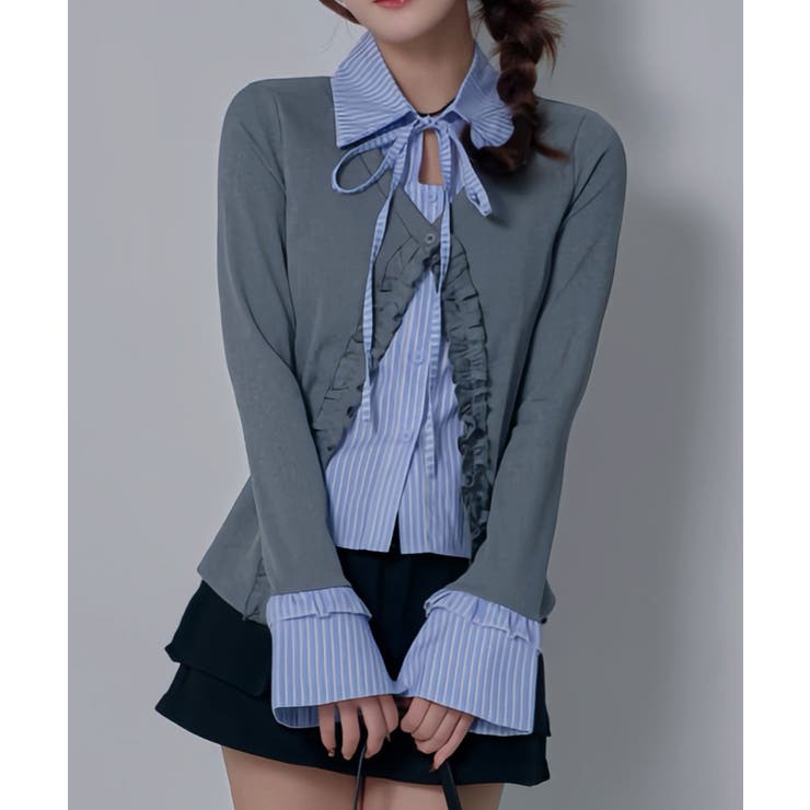 グレー | シャツレイヤードY2Kカーディガン風カットソートップス 韓国 夢展望 | 夢展望