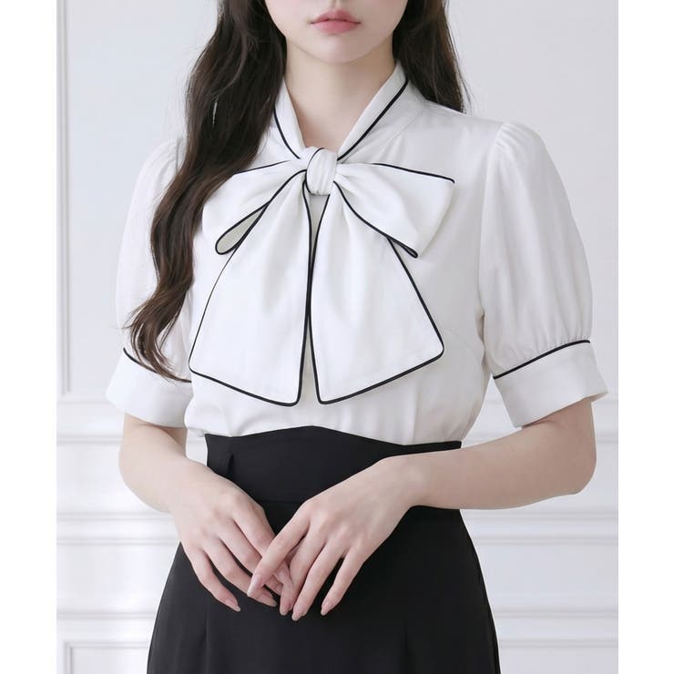 ホワイト | 配色パイピングボウタイブラウス 韓国 夢展望 Rose | 夢展望