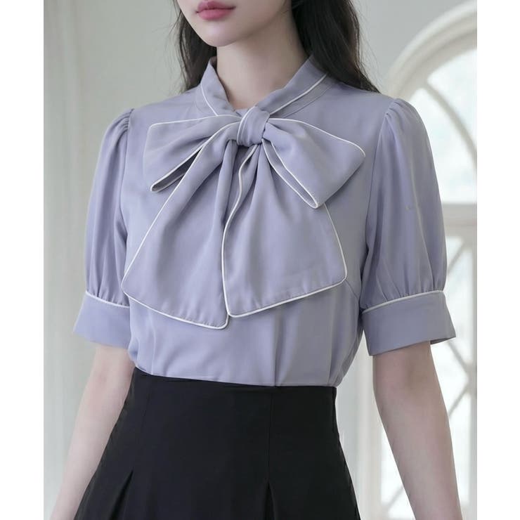 ブルーグレー | 配色パイピングボウタイブラウス 韓国 夢展望 Rose | 夢展望