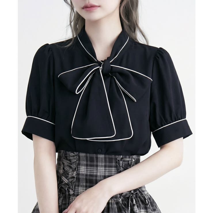 ブラック | 配色パイピングボウタイブラウス 韓国 夢展望 Rose | 夢展望