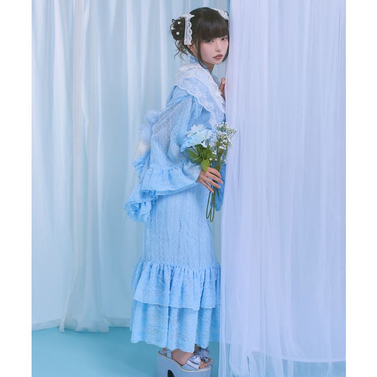 ライトブルー | ドットチュールレースフリルマーメイド浴衣3点セット【大きいサイズあり】 韓国 夢… | 夢展望