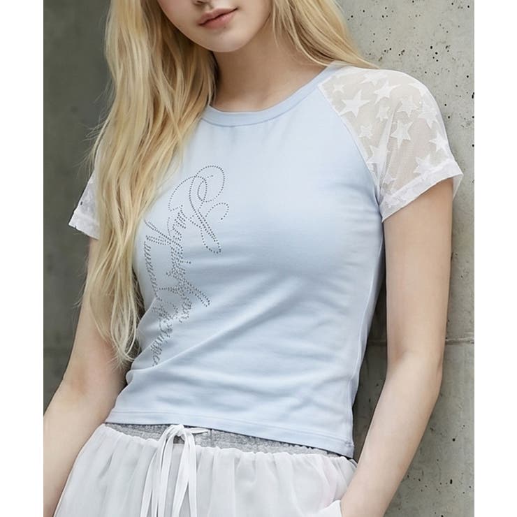 サックス | Y2K星レースラグランスリーブ切替ストーンロゴ 半袖Tシャツ 韓国 | 夢展望