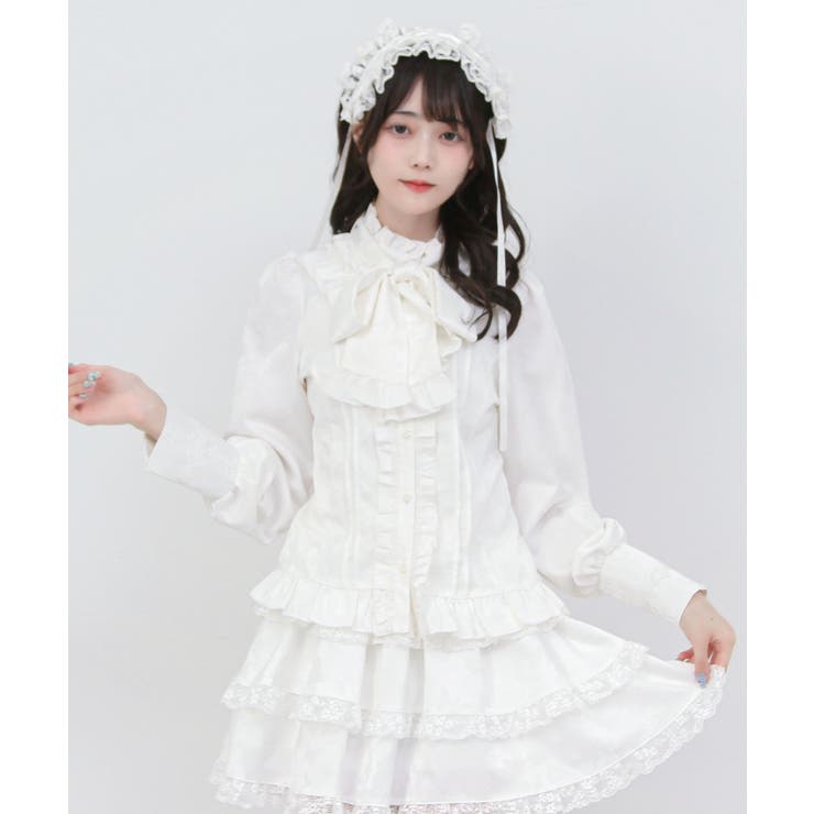 ホワイト | ゴシック風ジャガードボウタイクロスバラレースブラウス 量産型 地雷系 | 夢展望