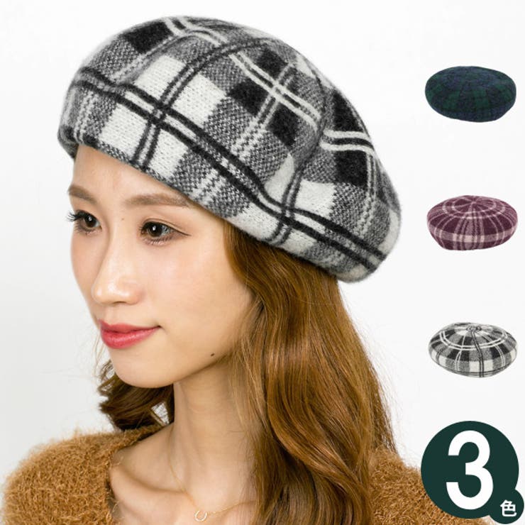 ユウ CA4LA チェック柄ファー付きベレー帽 ベレー帽 秋冬 帽子 レディース ウール milsa Woolチェック