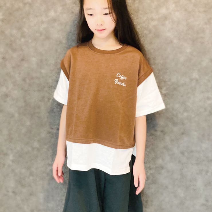 【ZI-ON×メール便送料無料】キッズTシャツ子供服半袖女の子ガールズフェイクレイヤードレイヤード風重ね着プリントバックプリントロゴジュニアカジュアル韓国子供服110cm120cm130cm140cm150cm160cm「222-02」