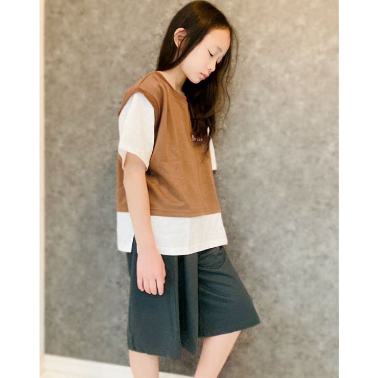 【ZI-ON×メール便送料無料】キッズTシャツ子供服半袖女の子ガールズフェイクレイヤードレイヤード風重ね着プリントバックプリントロゴジュニアカジュアル韓国子供服110cm120cm130cm140cm150cm160cm「222-02」