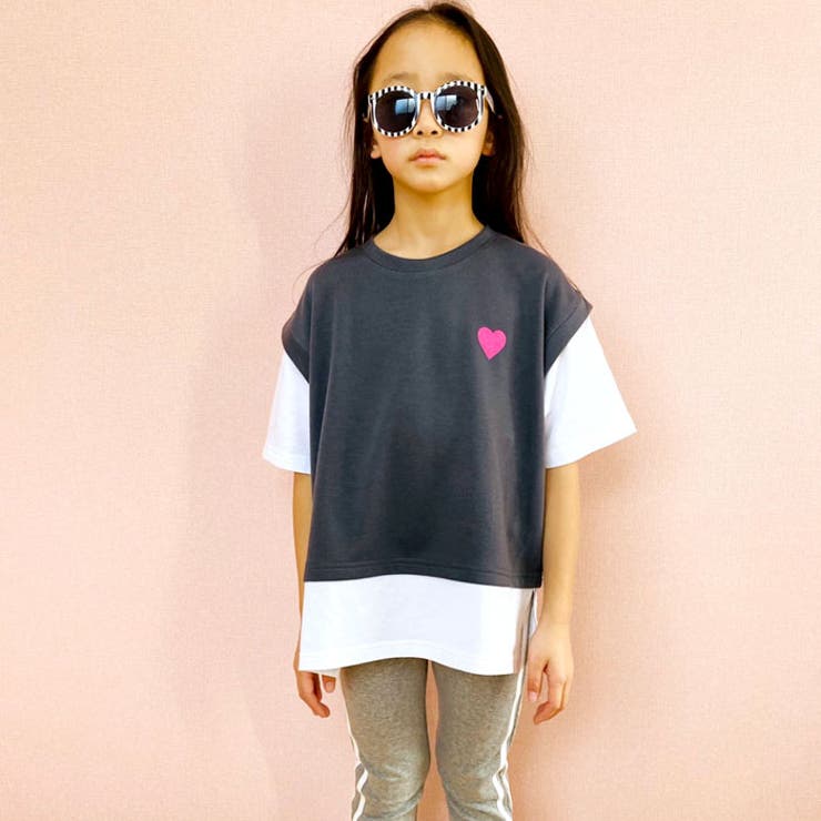 【ZI-ON×メール便送料無料】キッズTシャツ子供服半袖女の子ガールズフェイクレイヤードレイヤード風重ね着プリントバックプリントロゴジュニアカジュアル韓国子供服110cm120cm130cm140cm150cm160cm「222-02」