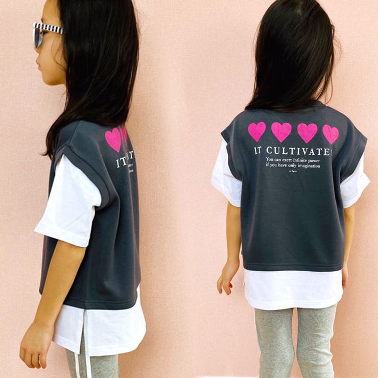 【ZI-ON×メール便送料無料】キッズTシャツ子供服半袖女の子ガールズフェイクレイヤードレイヤード風重ね着プリントバックプリントロゴジュニアカジュアル韓国子供服110cm120cm130cm140cm150cm160cm「222-02」