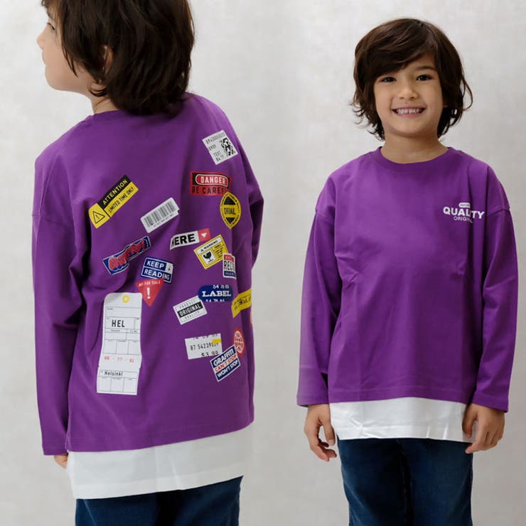 キッズTシャツ子供服男の子女の子長袖USコットン綿プリントバックプリントロゴフェイクレイヤードレイヤード風ビッグシルエットBIGジュニアカジュアルアメカジストリート110cm120cm130cm140cm150cm160cm「143-00」