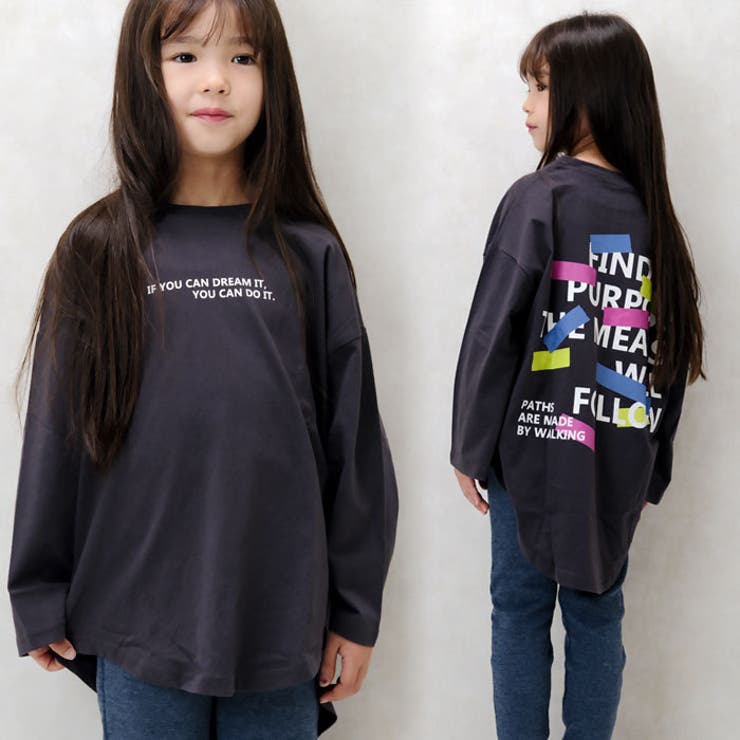キッズTシャツ子供服女の子長袖USコットン綿プリントバックプリントロゴビッグシルエットBIGジュニアカジュアルアメカジストリート110cm120cm130cm140cm150cm160cm「243-00」